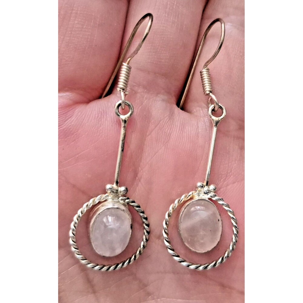 VTG Rose Quartz 925 sterling silver handmade Dangle Drop Earrings 2"
